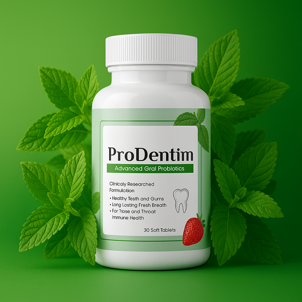 ProDentim bottle with green leaves and fresh elements